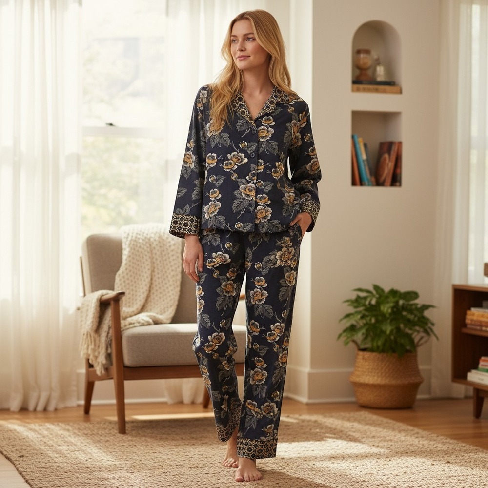 Vera Bradley Womens‎ 2 Piece Pajama Set Navy Floral Cotton Long Sleeve Small